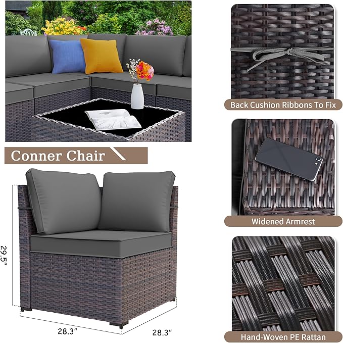 Patio Furniture Set Sofa 6-Piece Wicker PE Rattan Sectional Sofa Set, Outdoor Furniture Patio Conversation Set with Glass Coffee Table, Grey