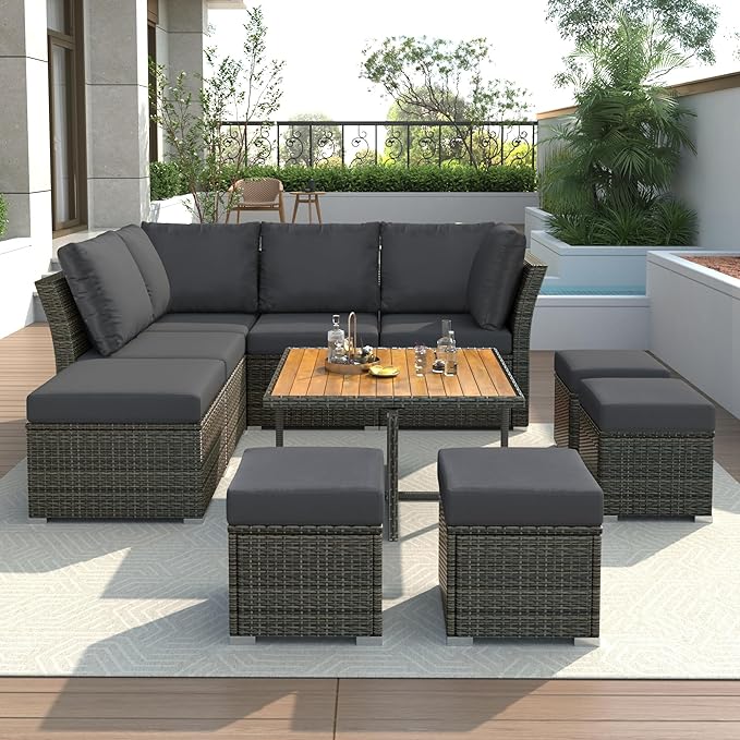 9 Pieces Outdoor Furniture All Weather Patio Sectional Sofa PE Wicker Modular Conversation Sets with Coffee Table and Storage Ottoman, Onesize, Ze-Black