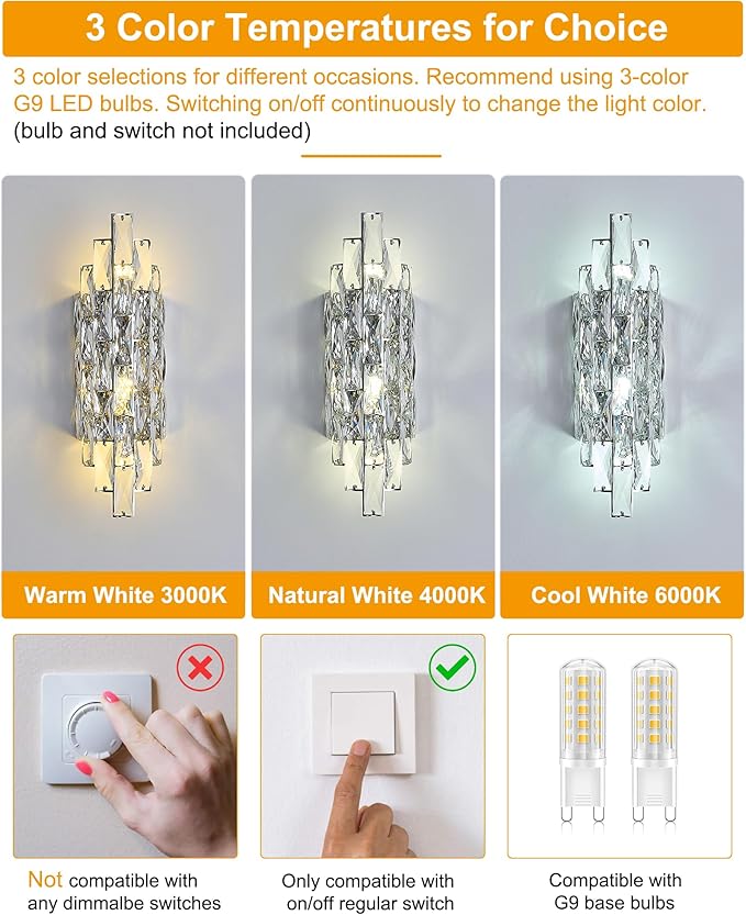Modern Chrome Crystal Wall Sconce Light Fixtures, Wall Mount Lamps for Bedroom Living Room Bathroom Vanity Mirror