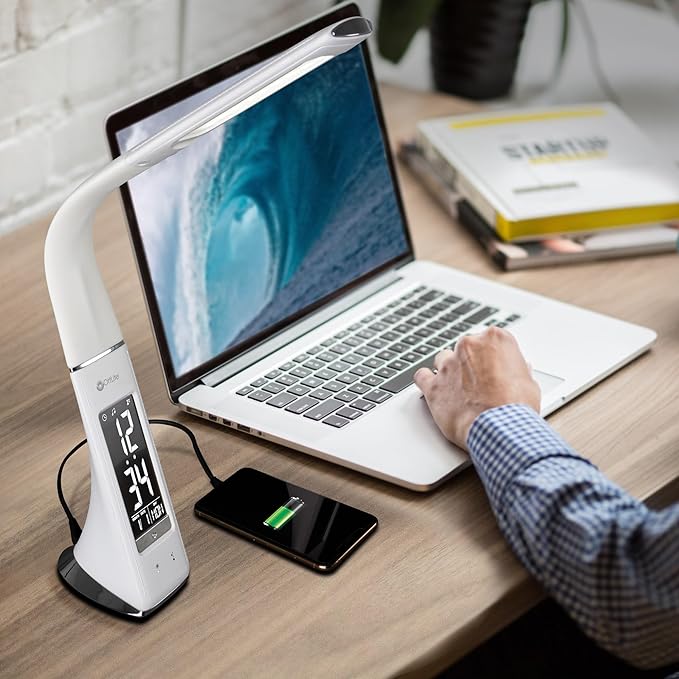 OttLite Thrive LED Sanitizing Desk Lamp with Clock and USB Charging - Eliminates up to 99.9% of Bacteria, Touch Activated, Flexible Neck, Modern Light for Reading, Crafting & Office Desktop