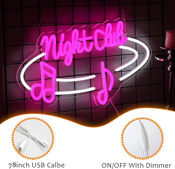 LISIGNVE Night Club Neon Sign Dimmable Switch Led Bar Sign Neon Light for Wall Decor USB Powered Music Light Up Sign for Bar Club Party Pub Music Station(16.5 * 9.8 In)