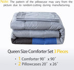 Andency Stripe Comforter Set Queen Size (90x90 Inch), 3 Pieces Gray and Blue Patchwork Striped Comforter, Soft Microfiber Down Alternative Comforter Bedding Set with Corner Loops