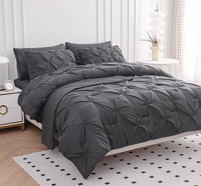 LANE LINEN King Size Comforter Set with Sheets, Pillowcases & Shams, 7 Piece Bed in a Bag Set King Size, Pintuck King Bed Comforter Set, Soft King Bedding Set, Pinch Pleated King Size Bed Set - Grey