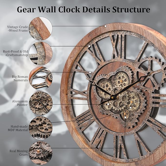 HOIBAI Large Wall Clock, Wall Clocks for Living Room Decor 20 Inch Farmhouse Vintage Rustic Kitchen Wall Decor Vintage Roman Oversized Wall Clock for Home Bedroom House, Moving Gears Clock