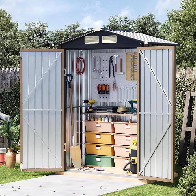 5x3 FT Outdoor Metal Storage Shed with Floor Frame, Double Door, 1 Clear Window, Tool Shed for Garden, Patio, Backyard Brown
