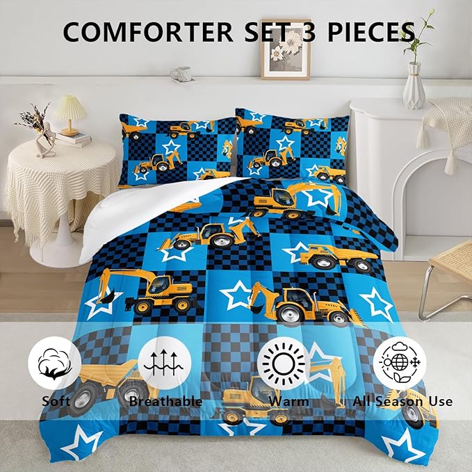 Axolotl Excavator Comforter Set Twin Size,Blue Plaid Comforter Set with Star,Excavator Bedding Set for Kids Boys Teens,Construction Vehicle Comforter Set for Boys,1 Quilt 2 Pillowcases