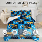 Axolotl Excavator Comforter Set Twin Size,Blue Plaid Comforter Set with Star,Excavator Bedding Set for Kids Boys Teens,Construction Vehicle Comforter Set for Boys,1 Quilt 2 Pillowcases