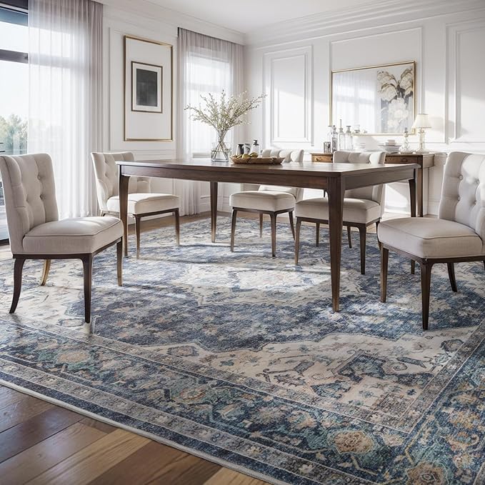 AMOAMI-3X5 Area Rug-Soft Washable Vintage Throw Accent Rugs for Living Room, Entryway, Bedroom, Kitchen, Bathroom, Laundry Room, Kitchen, Bathroom, Bedside, No Slip Blue