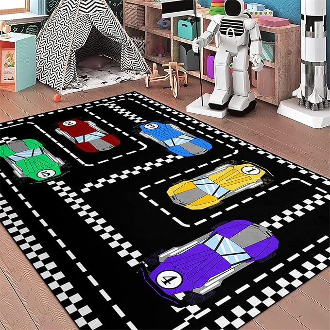 Car Rug Race Car Rug Car Track Rugs for Boys Race Track Carpet Race Car Track Rug Car Rug for Boys Room Car Rug Play Mat Car Carpet for Kids Rugs for Boys Bedroom,Black 4'×5'