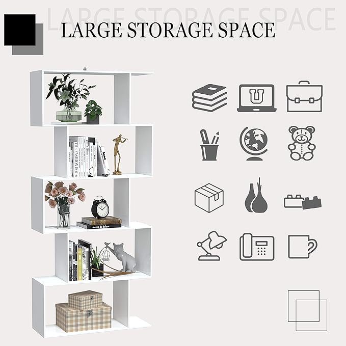 Yusong Bookshelf 5-Tier, Geometric Bookcase S Shaped Book Shelves for Bedroom, Modern Wood Decorative Display Shelf Book Case for Home Office, White