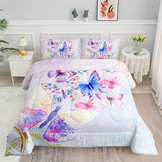 Datura home Watercolor Butterfly Comforter Bedding Set for Girls Kids Teens,Lightweight Colorful Floral Butterfly Printed Tie-dye with 2 Pillowcases(Watercolor Butterfly Full),Butterfly Purple