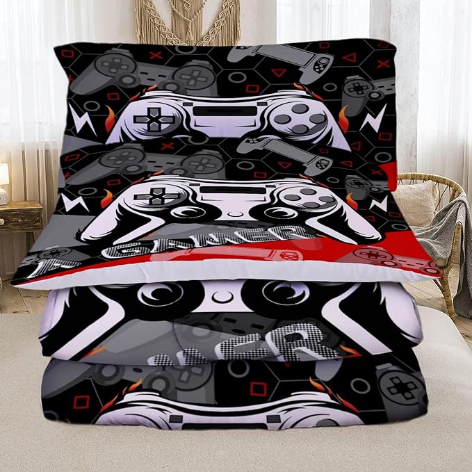 Sunnycitron Red Gamer Comforter Set for Boys Gaming Bedding Set Teens Game Room Decor Full (1 Comforter + 2 Pillowcase)