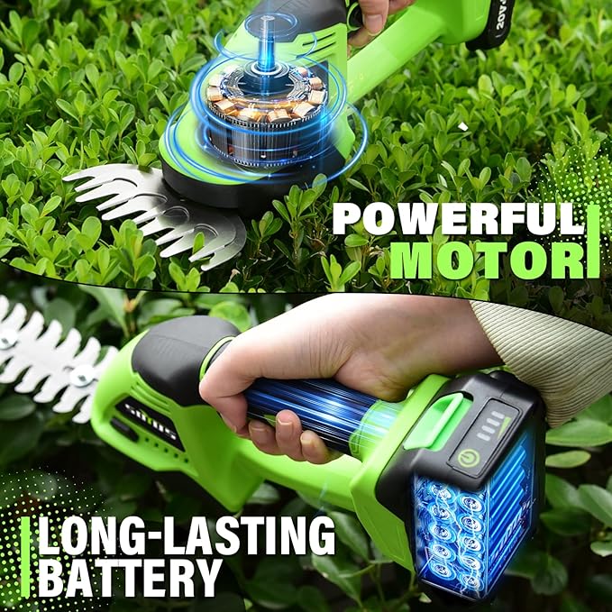 SOYUS Hedge Trimmer Cordless, 2-in-1 Handheld Hedge Trimmers, 20V Electric Grass Shear & Shrubbery Trimmer, Battery Operated Grass Cutter for Garden/Lawn with Charger and Battery