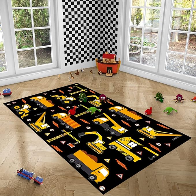 Car Track Rug Construction Play Mat Car Rug for Boys Room Kids Rugs for Playroom Construction Mat for Kids Car Rug for Boys Room Construction Decor for Boys Room,Black 3'×4'