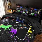 DORCAS Full Size Gamer Comforter Set with Sheets for Boys,Game Console Black Bedding Set for Kids,6 Pieces Bed in a Bag Colorful Graffiti Gaming Controller Comforter,Sheets,Pillowcases (Black, Full)