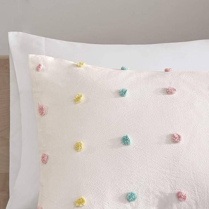 Callie Cotton Jacquard Weave Colorful Pom Pom Kids Comforter sets, Down Alternative Shabby Chic All Season Girls Bedding, Bedroom Decor, Full/Queen, Multi 5 Piece
