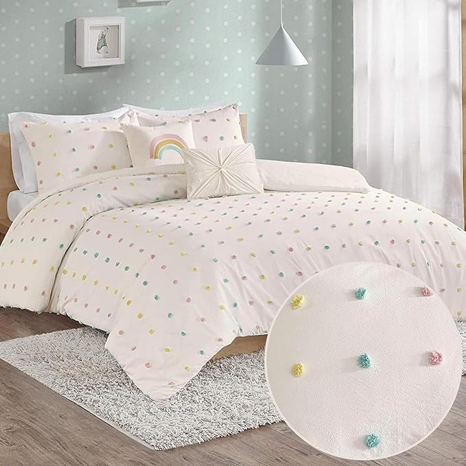 Callie Cotton Jacquard Weave Colorful Pom Pom Kids Comforter sets, Down Alternative Shabby Chic All Season Girls Bedding, Bedroom Decor, Full/Queen, Multi 5 Piece