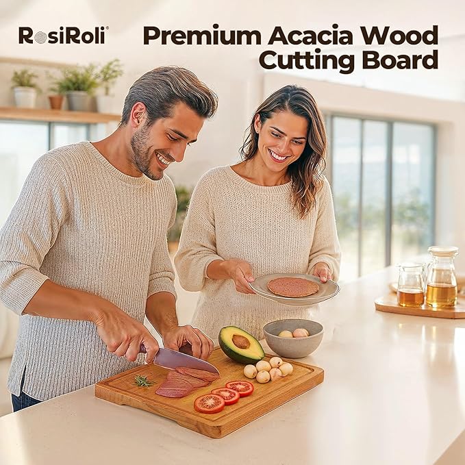 Acacia Wood Cutting Board for Kitchen - 0.8 inch Thick Wood Charcuterie Cheese Board with Side Handles and Juice Grooves, Wooden Chopping Block for Meat and Veggies, 13x10 inch