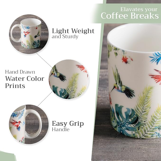 Maison d' Hermine Coffee Mug with Handles Tea Cups (15 Ounce, Pack of 1) | Fine Bone China Coffee Mugs for Hot Beverages Cappuccino Latte Home Restaurant Hotel Spring Summer -Tropiques - Colibris
