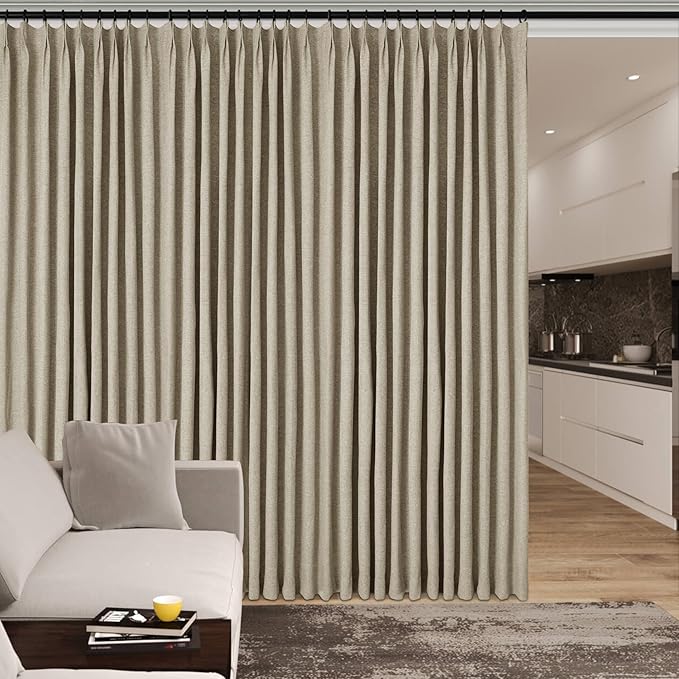 100% Blackout Linen Textured Drapes for Bedroom Pinch Pleated Curtains for Track System Portable Drapery for Sliding Glass Door/Storage/Space Room Divider, 70" Wx96 L, 1 PC, Light Khaki