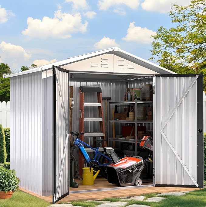 DWVO 6x4ft Storage Shed for Outdoors, Metal Sturdy Weatherproof Tool Locker with Secure Door and Ventilation for Equipment, Mowers, Bikes, Outdoor Spaces, White
