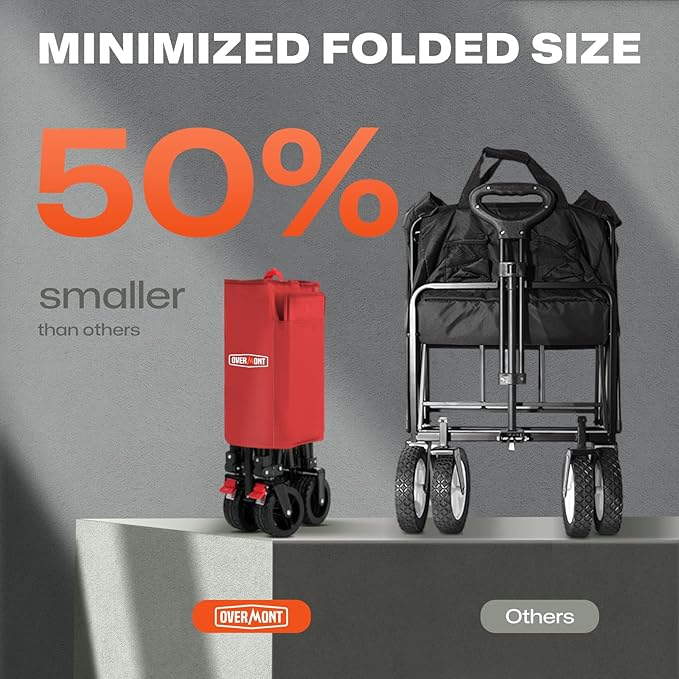 Overmont Collapsible Wagon Cart with Wheels - 180L Foldable Heavy Duty Wagon with Big All-Terrain Wheels - 330Lbs Weight Capacity with Side Pockets for Camping Sports Garden Grocery Shopping red