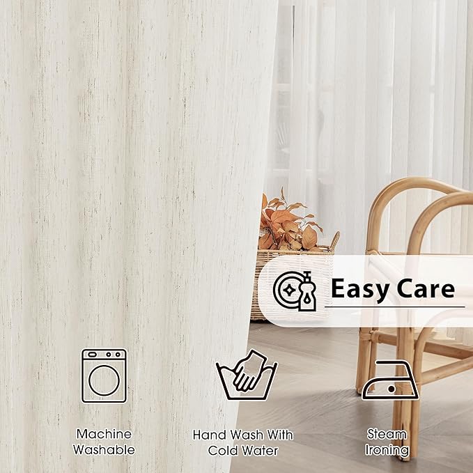 FMFUNCTEX Linen Sheer Sliding Door Curtains for Bedroom, Beige Curtains 84 Inches Long Window Curtain Drapes for Living Room, Natural Patio Glass Door Extra 100 Wide Curtain, Rod Pocket 1 Panel