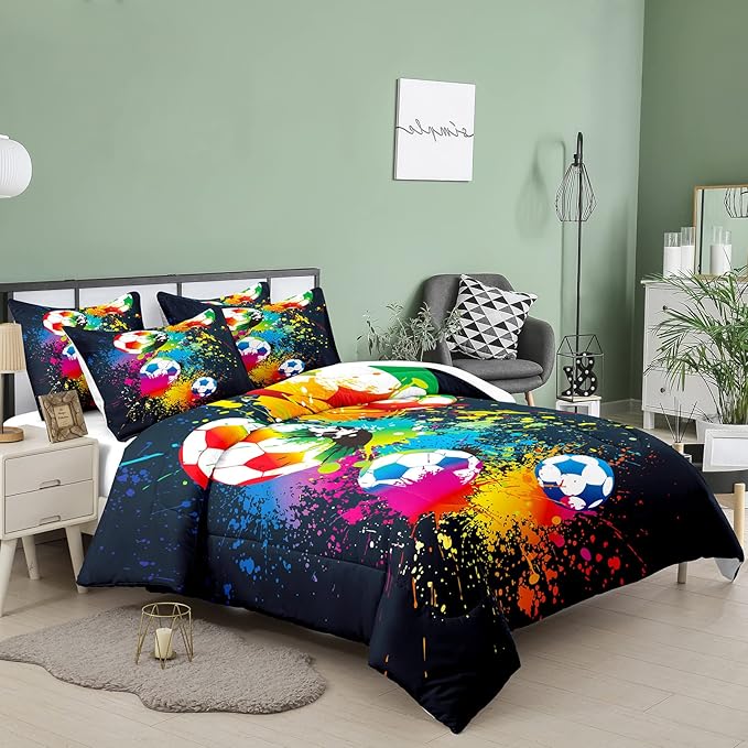 Bodhi Boys Teen Comforter Set King,Soccer Comforter Set King,Boys Sports Comforter Set King,Rainbow Graffiti Football Bedding Set for Boys,Kids,Teens with Matching Pillowcases