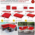 ClawsCover 11Pack Outdoor Seat and Back Cushions Replacement Covers Fit for 5-Seater 6Pieces Wicker Rattan Patio Furniture Conversation Set Sectional Couch Chairs,Red-Included Cover Only
