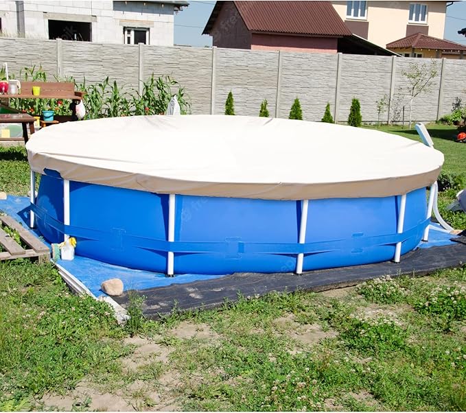 ECOOPTS Waterproof Round Polyester Pool Cover for Above Ground Pools, Swimming Pool Cover Protector Winter Safety Cover (8 ft, Beige)
