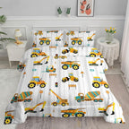 Axolotl Yellow Excavator Comforter Set Twin Size,Cartoon Excavator Bedding Set,Kids Machinery Truck Comforte Set,White Stripe Bedding Vehicle Car Decor for Kids Boys Teens,1 Quilt 2 Pillowcases