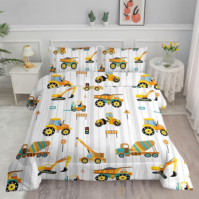 Axolotl Yellow Excavator Comforter Set Full Size,Cartoon Excavator Bedding Set,Kids Machinery Truck Comforte Set,White Stripe Bedding Vehicle Car Decor for Kids Boys Teens,1 Quilt 2 Pillowcases