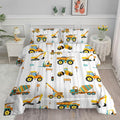 Axolotl Yellow Excavator Comforter Set Full Size,Cartoon Excavator Bedding Set,Kids Machinery Truck Comforte Set,White Stripe Bedding Vehicle Car Decor for Kids Boys Teens,1 Quilt 2 Pillowcases