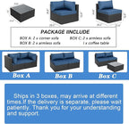 Shintenchi 7 Pieces Outdoor Patio Sectional Sofa Couch, Black Wicker Furniture Conversation Sets with Washable Cushions & Glass Coffee Table for Garden, Poolside, Backyard (Aegean Blue)