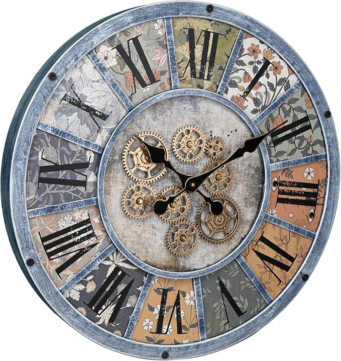Unique Moving Gear Large Round Wall Clock 21inch-Battery Powered. Retro Industrial Steampunk Country Farmhouse Decor for Living Room Kitchen Bars cafes Offices(Blue/metal/21)