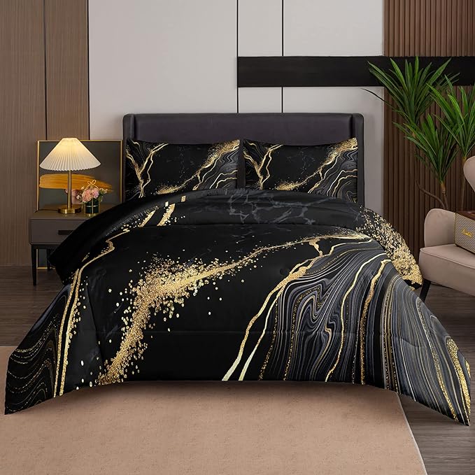 Tailor Shop Marble Bedding Set Soft Microfiber Black and Gold Comforter Set Queen Size for Kids Men and Women with 1 Marble Comforter and 2 Pillowcases…