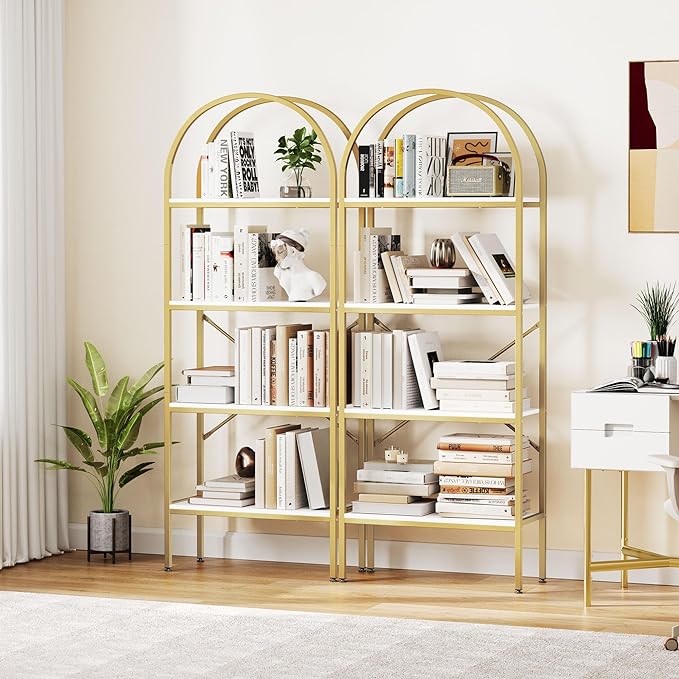 YITAHOME Gold Bookshelf and Bookcase, 71.3” Tall Modern Open Arched Book Shelf, 4-Tier Freestanding Storage Display Rack Shelves for Bedroom,Living Room,Office,Kitchen, White&Gold