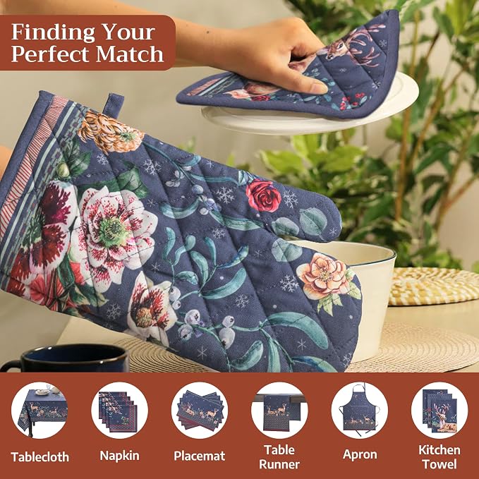 Maison d' Hermine 100% Cotton Oven Mitt & Pot Holder Set (7.5"x13" & 8"x8") | Heat Resistant BBQ Cooking Gloves with Loop Baking Grilling Kitchen Home Farmhouse Thanksgiving Christmas - Christmas Joy