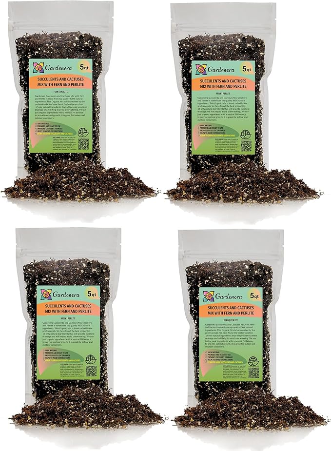 Gardenera Fern + Perlite Soil Mix - 10 Quart - for Repotting and Planting Succulents and Cactuses (4 Bags of 5 Quart)