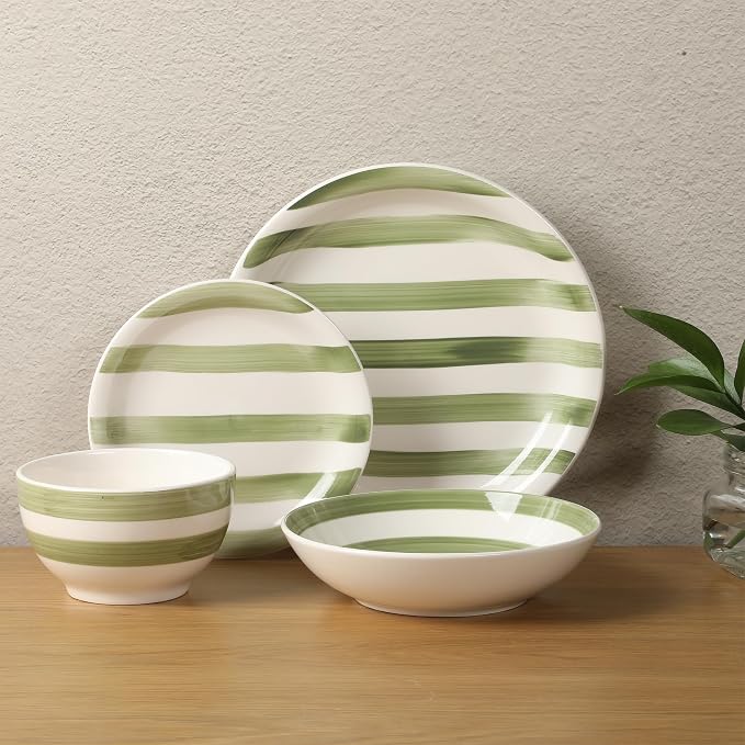 Gibson Home Kenwood Shores 16 Piece Dinnerware Set, Green Striped, Hand-Painted Stoneware, Plates and Bowls, Service for 4, Microwave & Dishwasher Safe