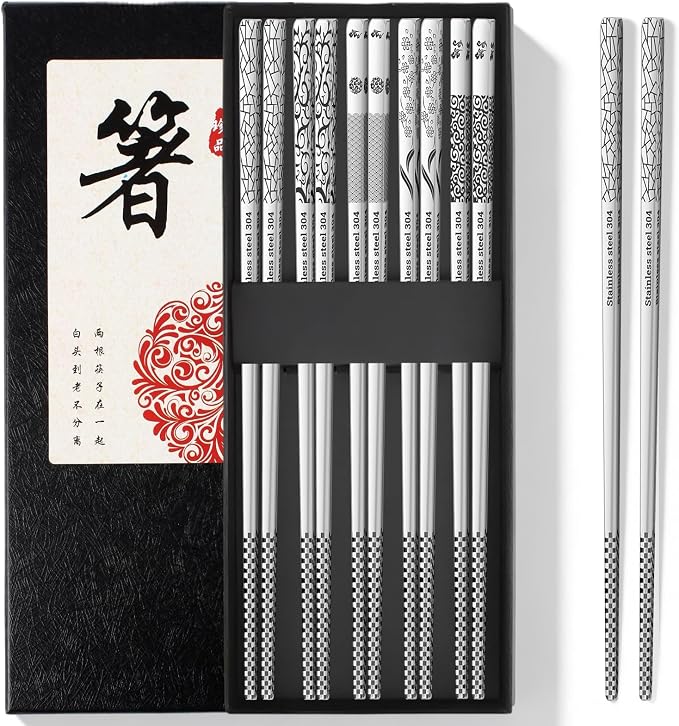 Reusable Metal Chopsticks – Premium 304 Stainless Steel, Non-Slip & Dishwasher Safe – Lightweight, Durable, Japanese & Korean Style – 5 Pairs, 9.25 Inches, Elegant Gift Set