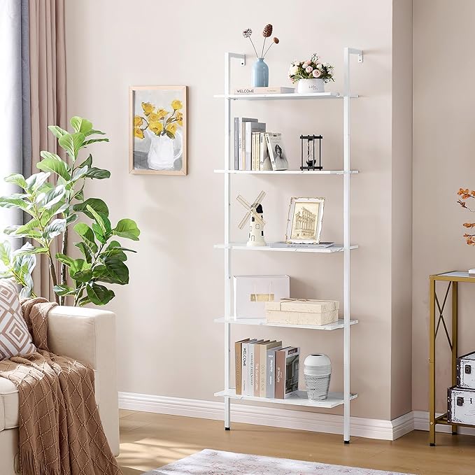 Tajsoon 25.2''W Ladder Shelf Bookshelf, 5 Tier Wall Shelf with Metal Frame, Modern Open Wall Mount Bookcases for Home, Office, Balcony, Plant Flower, White