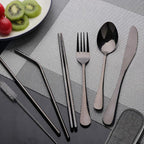 Travel Utensils Set with Case Reusable Portable Cutlery Set Stainless Steel 8pcs Including Dinner Knife Fork Spoon Chopsticks straws(Black)