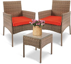 YIYAN 3 Pieces Patio Bistro Set Outdoor Wicker Furniture Outdoor Porch PE Rattan Wicker Chairs Furniture Sets with Sofa Chairs,Glass Coffee Table and Red Washable Cushion