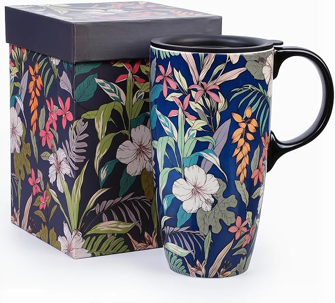 Topadorn 17oz Ceramic Travel Mug with Lid, Tropical Botanical Coffee Mug with Handle, Floral Ceramic Coffee Cup, Microwave & Dishwasher Safe, Gift Box Included