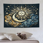 HZOHNAGO Sun Moon Tapestry Boho Golden Stars Pattern Printed Wall Tapestry Wall Hanging for Bedroom Living Room Dorm 90" W x 60" H