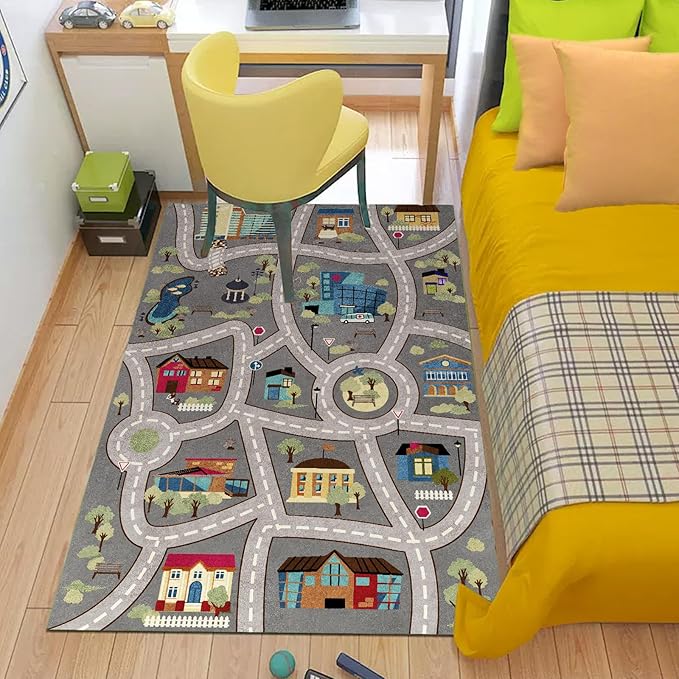 Analog ABC Kids Rug Playroom Car Rug Play Mat City Life Road Rug for Cars Fun City Map for Carpet for Bedroom Boys (63 * 94 inches, Night Township)