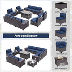 13PCS Patio Furniture Sectional Sofa Set PE Rattan Patio Conversation Set w/43in Gas Fire Pit Table, Outdoor Furniture with 55000 BTU Propane Fire Pit, Navy Blue
