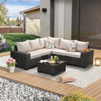 6 Pieces Patio Furniture Set All-Weather Outdoor Wicker Sectional Conversation Sofa Rattan Patio Seating Sofa with Cushion and Glass Table for Porch Poolside,Beige