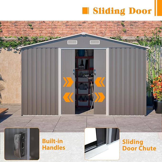 Storage Shed 10x8 FT Outdoor Metal Garden Shed with Lockable Sliding Door and Air Vents Galvanized Steel Shed with Air Vents Waterproof Roof Ideal for Backyard Patio Lawn Dark Gray